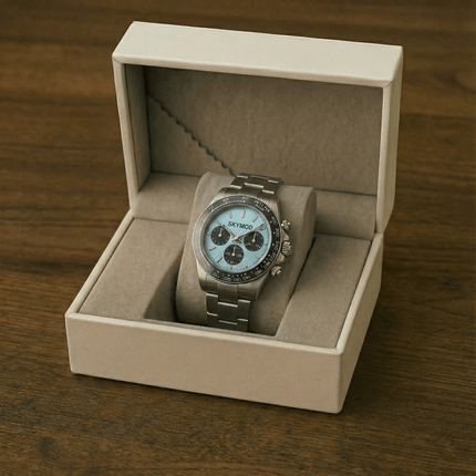 SKYMOD hand-assembled watch in Signature Presentation Vault, ready to gift for Father's Day 2026