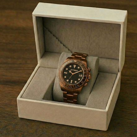 Illustration of the SKYMOD Atlas Automatic Copper Fade in its open presentation box