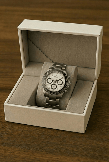 Illustration of the SKYMOD Circuit Chrono Arctic in its open presentation box
