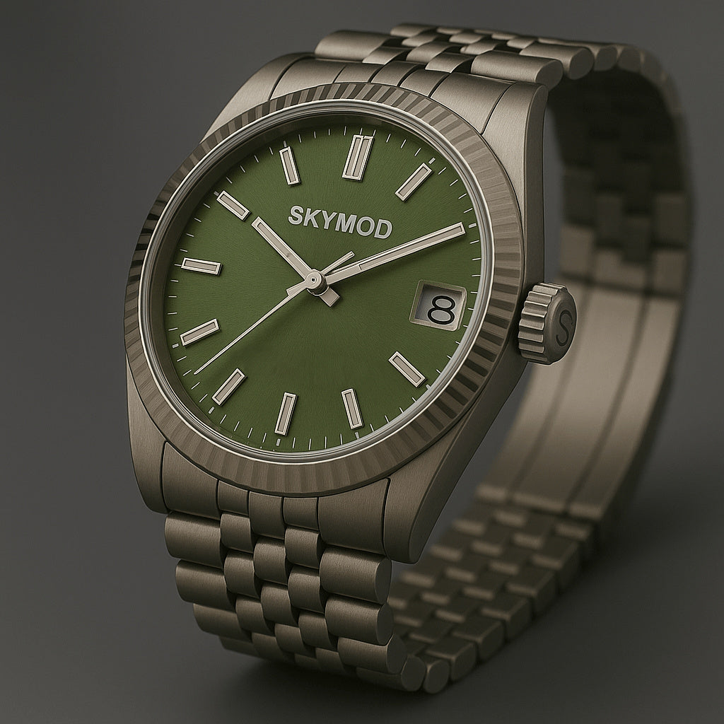 Illustration of the SKYMOD Prime Date Olive: olive-green dial, fluted bezel, steel bracelet