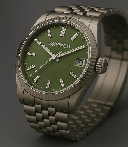 Illustration of the SKYMOD Prime Date Olive: olive-green dial, fluted bezel, steel bracelet